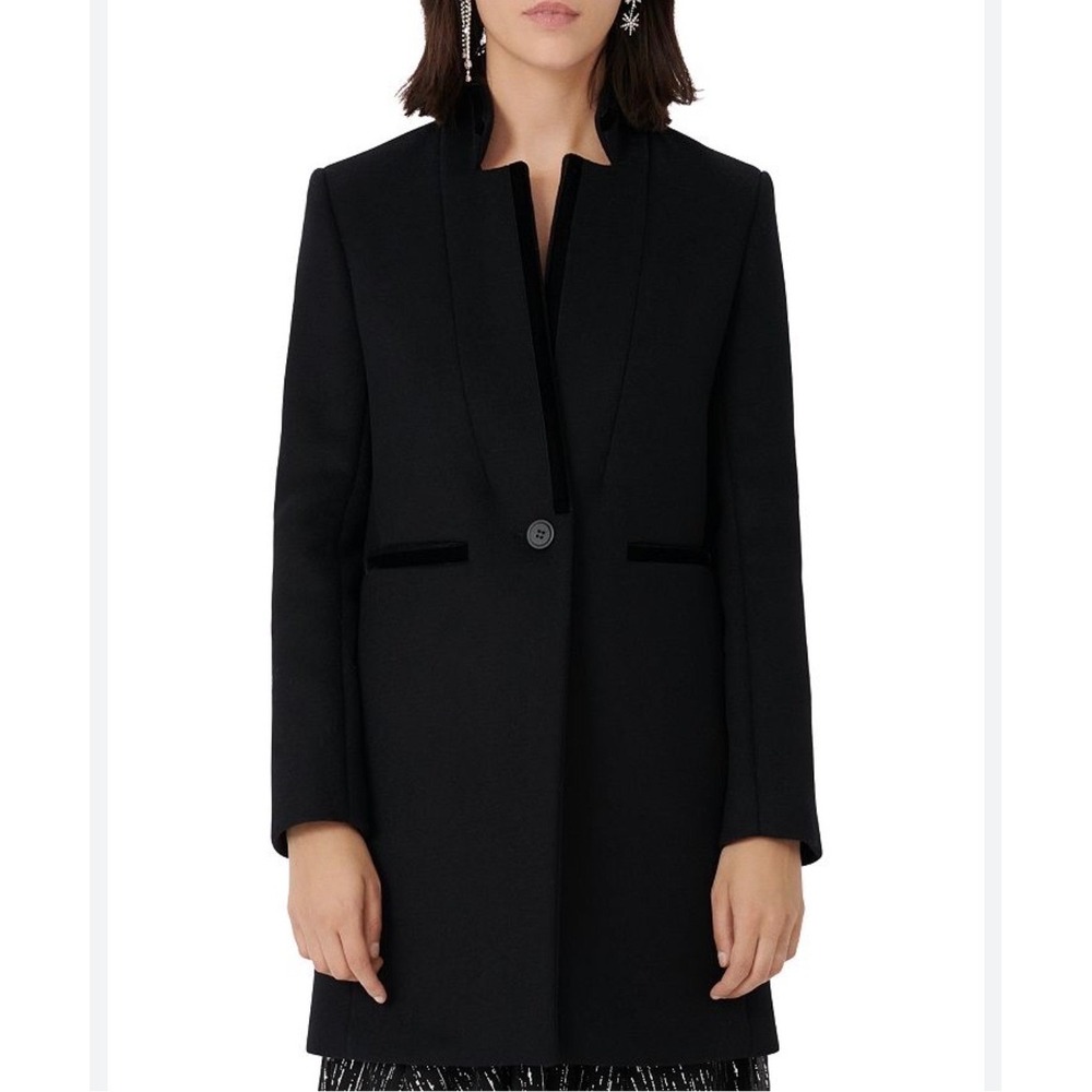 Maje Galar Wool Blend Coat Mid Length Black Velvet Trim Women's 36 Small Jacket